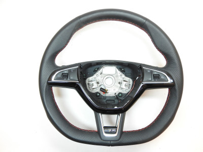 Volant multifunkční tříramenný, kůže, pádla, červené prošití, vyhřívaný, RS Škoda Octavia III 3 5E RS 5E0419091CD